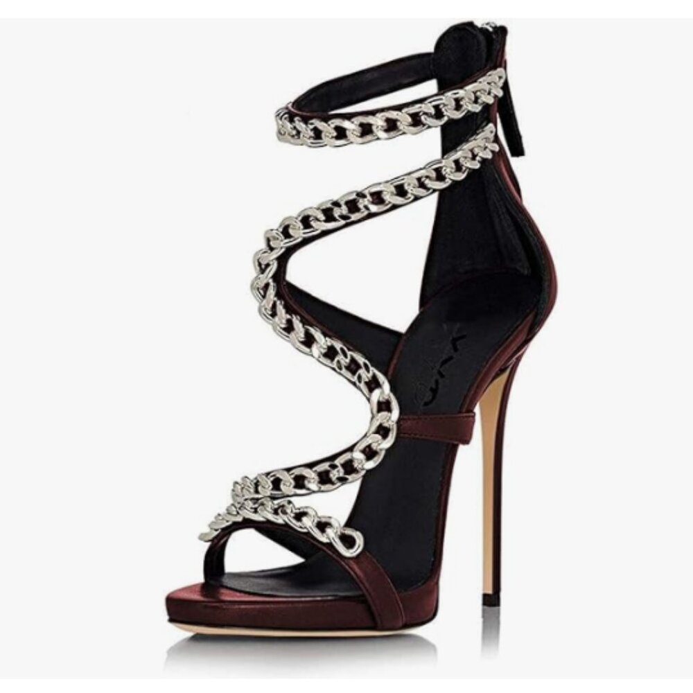 XYD Wine Red Nightclub Metal Chain Stiletto High Heels Sandals for Women